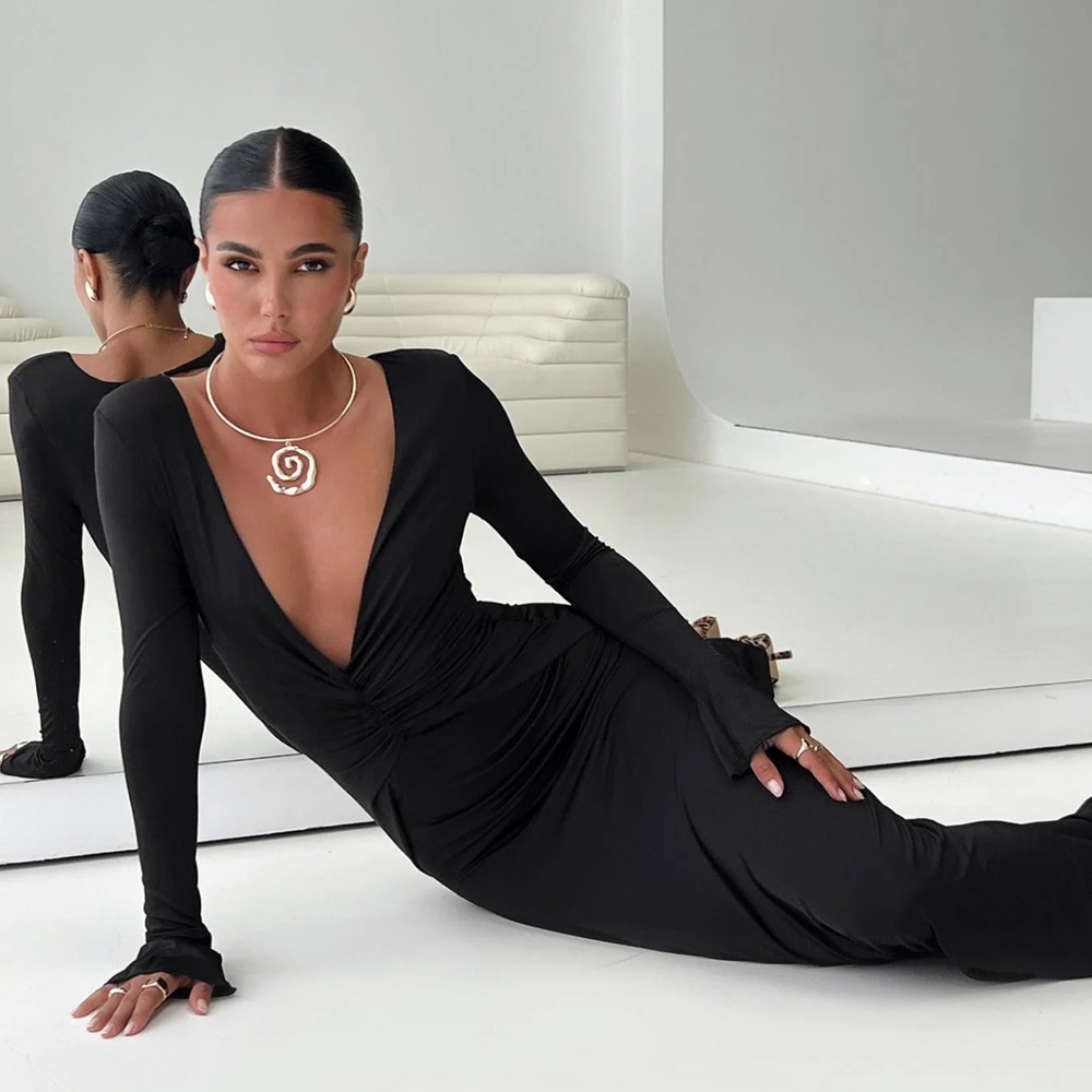 Black Maxi Dress, Princess Polly Lezure Plunge Long Sleeve Maxi Dress Black